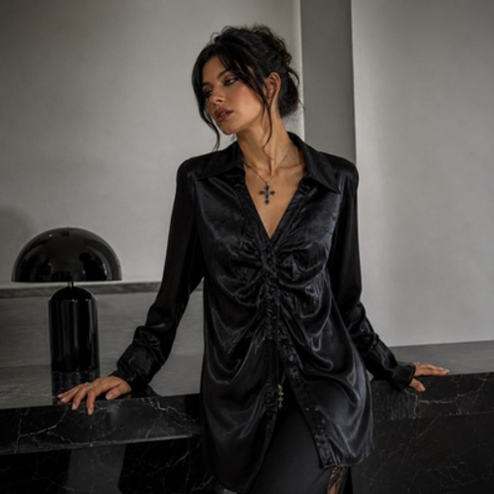 Re Ve Shirt Womens Large Black Satin Button Front Blouse Tunic Top Ruched Party